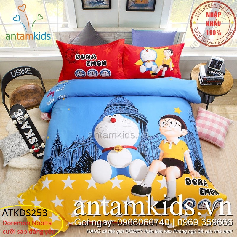 Bộ chăn ga gối đệm hình Doremon cao cấp nhập khẩu cho bé trai bé gái, Chăn ga gối Doremon xịn, Chăn ga gối đệm Doremon trẻ em, Chăn ga gối hoạt hình Doremon, Chăn mền hình Doremon, Drap giường Doremon, Ra nệm Doremon cho bé yêu