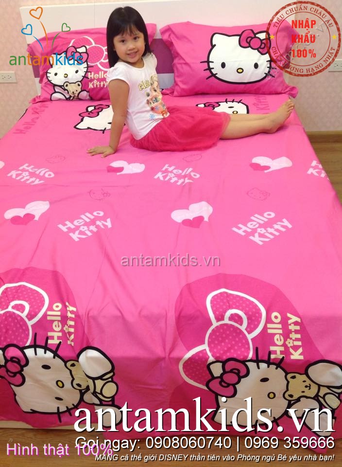 Bộ chăn ga gối hình Hello Kitty, drap trải giường Hello Kitty dễ thương cho bé gái