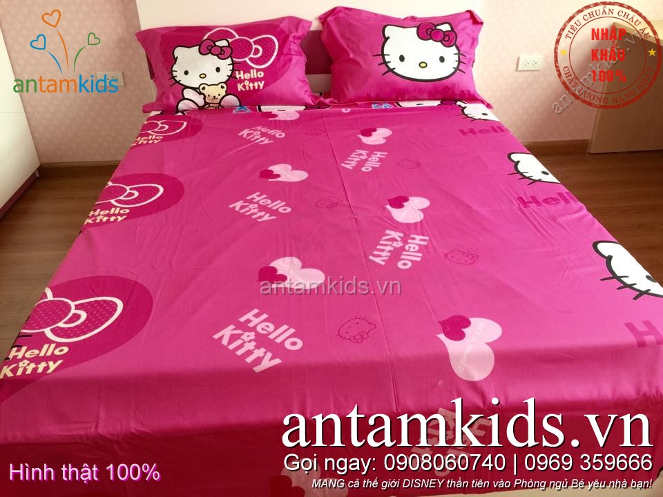 Bộ chăn ga gối Hello Kitty trái tim hồng siêu dễ thương cho en bé gái