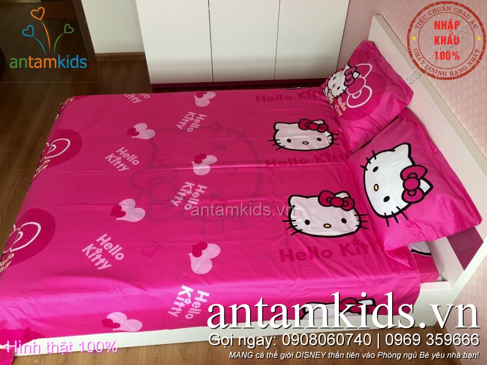 Bộ chăn ga gối drap trải giường hình Hello Kitty dễ thương cho em bé gái