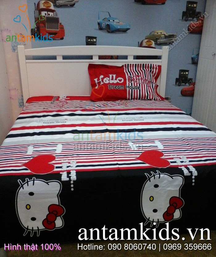 Bộ Chăn mền drap gối  in hình Hello Kitty xinh xắn dễ thương dành cho bé gái yêu thích mèo Hello Kitty 