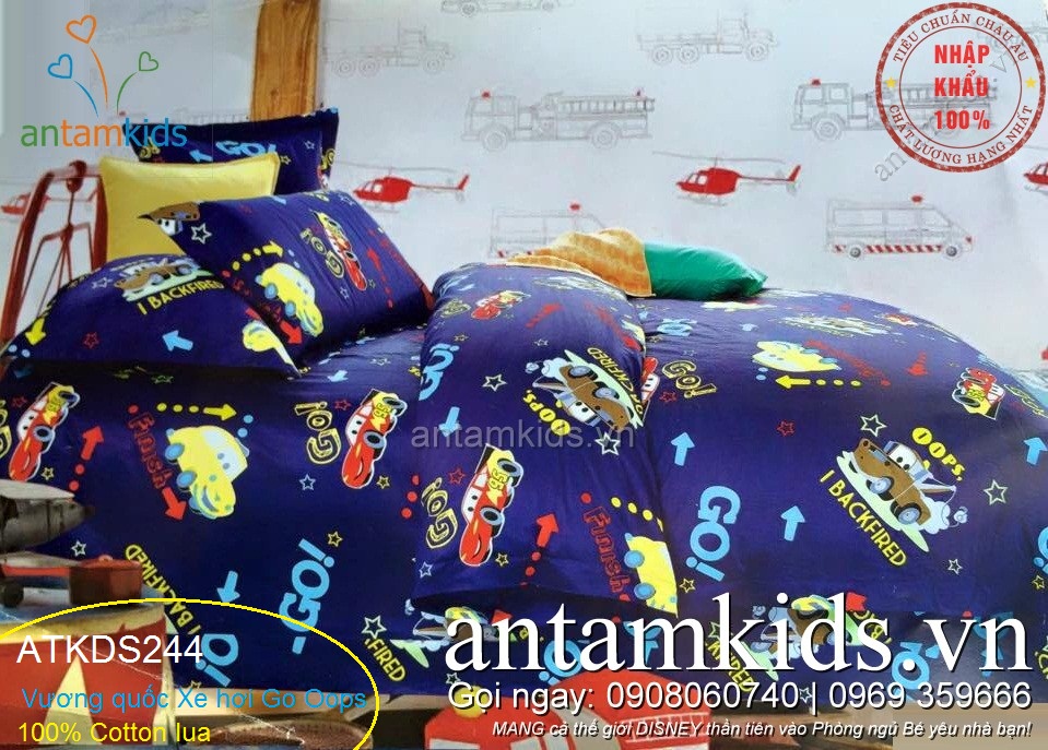 Mền drap gối cho Bé Trai hình ô tô xe hơi, chăn ga gối trẻ em nhập khẩu cao cấp