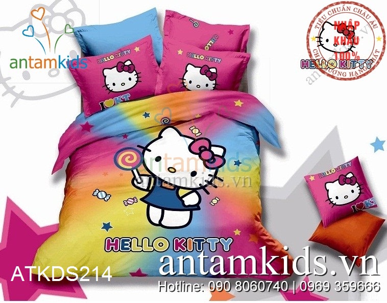 Chăn ga gối Hello Kitty bảy sắc cầu vồng dễ thương cho bé gái