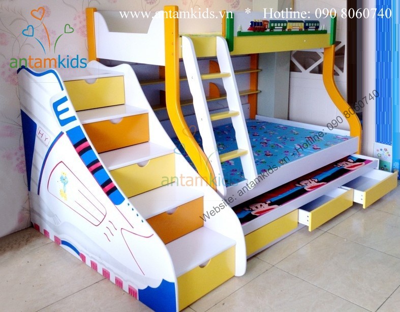 Giường 3 tầng trẻ em ATK688 màu cam vàng trắng có hình đôi giày rất xinh xắn đáng yêu, chất lượng cao cấp phù hợp cho bé trai bé gái của bạn, LH 0908060740