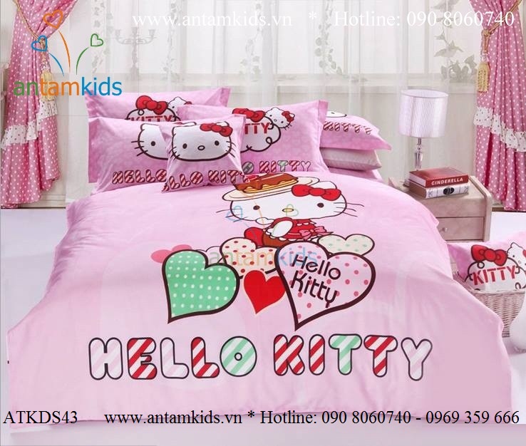 Bộ chăn ga gối Hello Kitty trái tim hồng nhập khẩu cực điệu cho bé gái