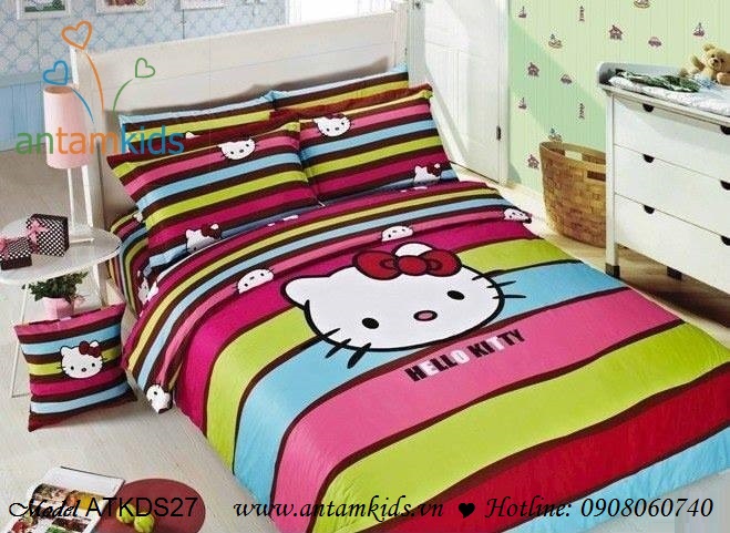 Bộ chăn ga gối hoạt hình cotton lụa Hello Kitty cho bé gái, chan ga goi hoat hinh