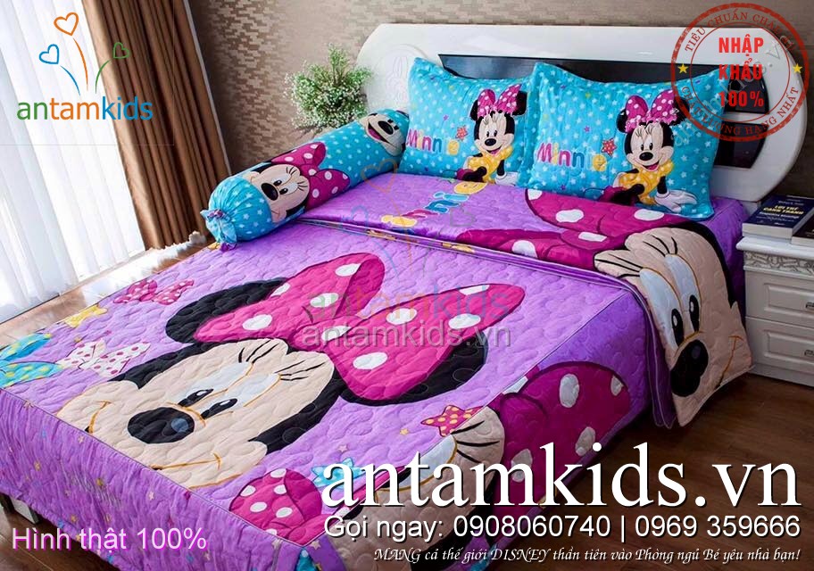 Chăn ga gối đệm hình Mickey Minnie cho bé gái màu tím hồng 3D đẹp mê ly