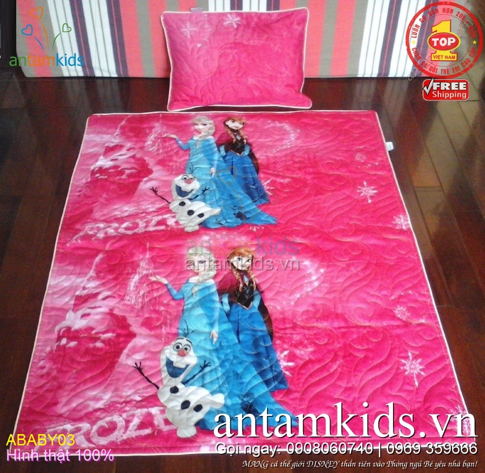 Bộ Chăn-Gối cho bé gái đi học chất liệu vải cao cấp in hình Elsa - Anna Frozen 3D
