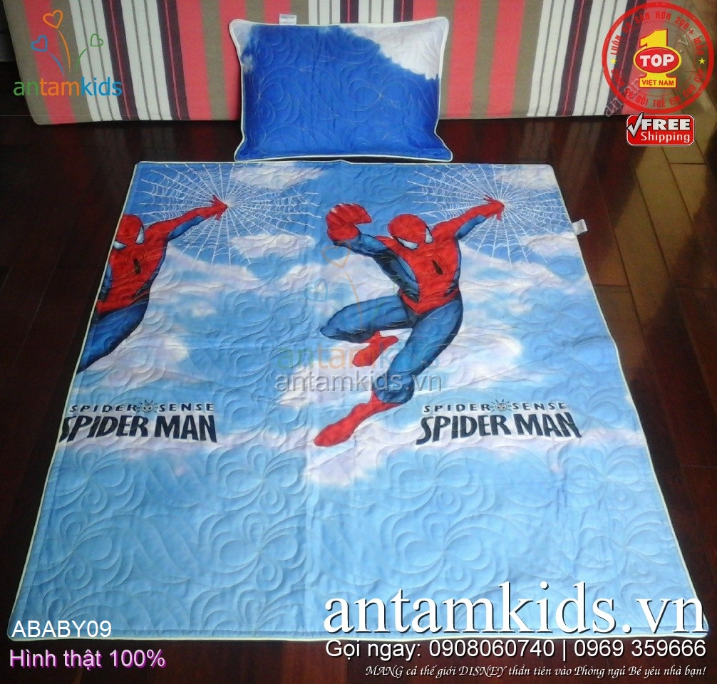 Bộ Chăn mền gối cho bé trai đi học mẫu giáo hình Người nhện SpiderMan siêu anh hùng ABABY09