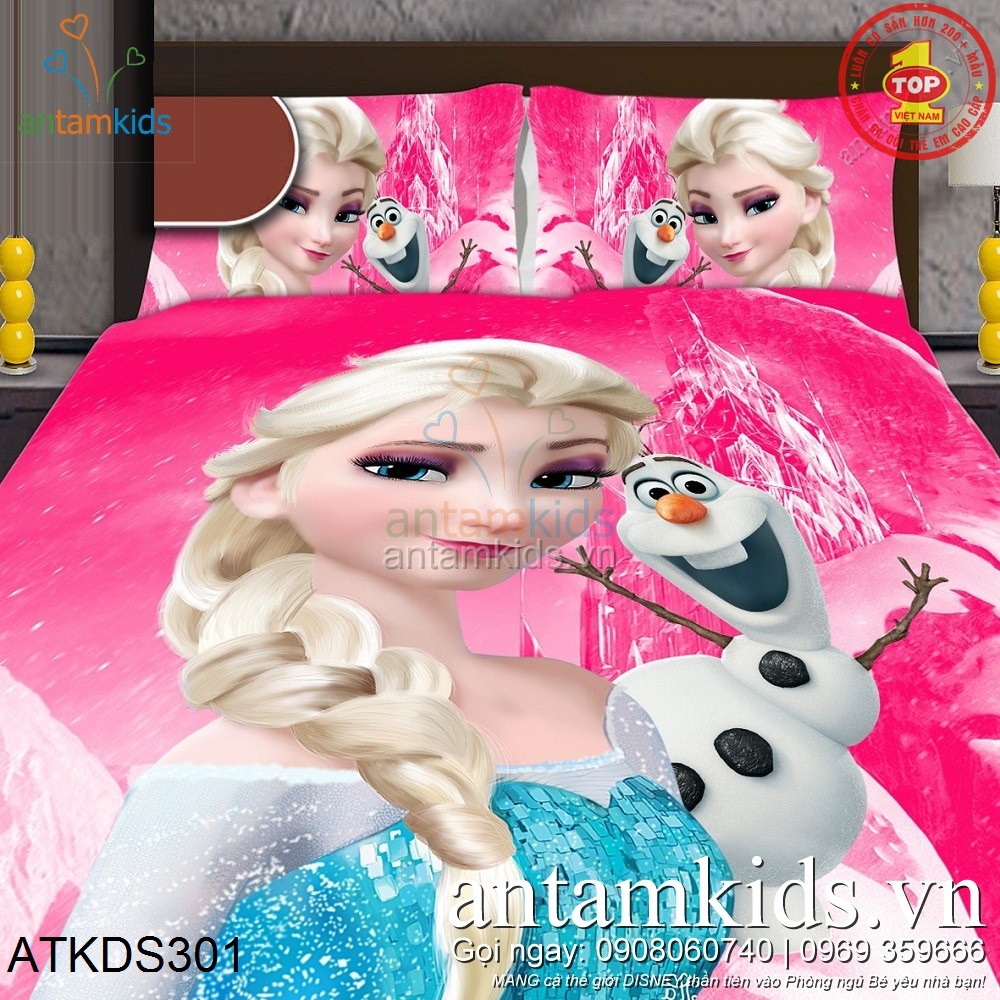 Chăn ga gối đệm trẻ em hình Công chúa băng giá Anna và Olaf Frozen hồng xinh siêu dễ thương