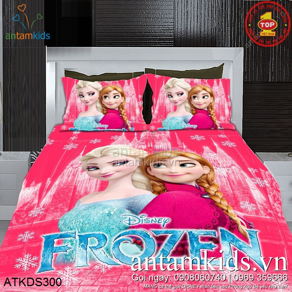 Chăn ga gối trẻ em hình Công chúa băng giá Frozen Anna Elsa hồng cam cực yêu