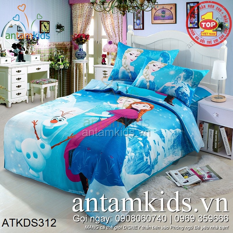 Chăn ga gối đệm dễ thương hình Frozen Anna Elsa Nữ hoàng băng giá xanh da trời cực dễ thương