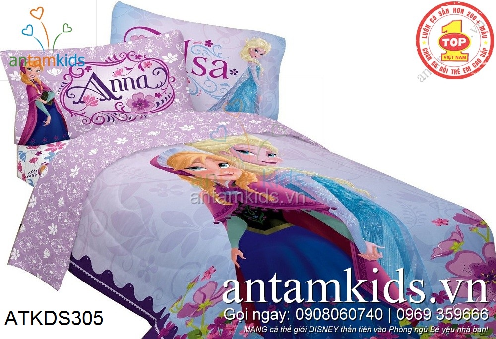 Chăn ga gối đệm cho bé gái hình Anna Elsa Công chúa Nữ hoàng băng giá Tím Xanh lãng mạn