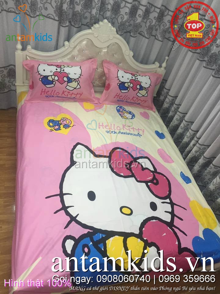 Chăn ga gối Drap trải giường cho em bé gái hình Hello Kitty antamkids