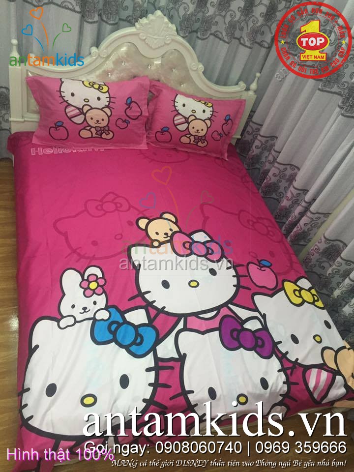Chăn ga gối Drap trải giường hình Hello Kitty cho trẻ em - antamkids