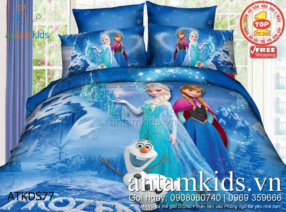 Bộ Chăn ga gối cho bé gái hình Công chúa Băng giá Elsa Anna