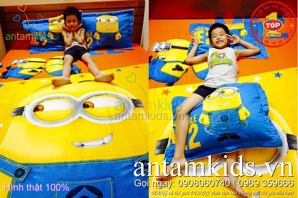 Chăn ga gối đệm hình Minion, ga trải giường minion cho bé trai bé gái antamkids