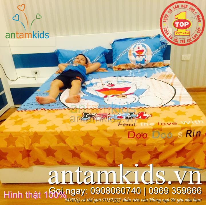 Chăn ga gối hình Doremon cho trẻ em, drap trải giường hình Doremon cho bé