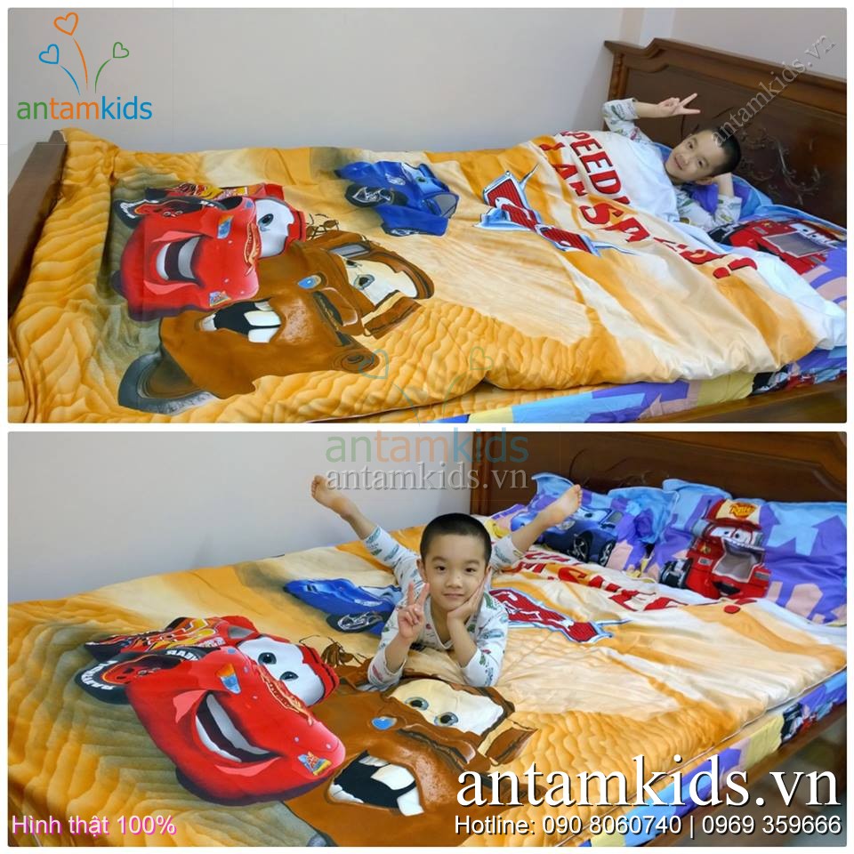 Chăn ga hỉnh ô tô, men drap hinh oto McQueen AnTamKids.vn