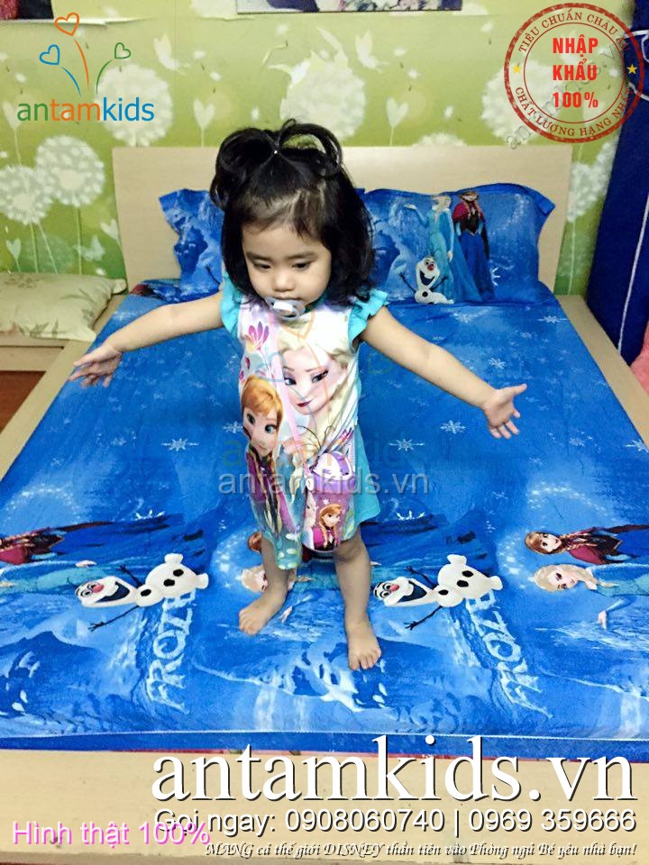 Bộ chăn ga gối Công chúa Frozen Elsa Anna cho bé gái, cho trẻ em màu xanh