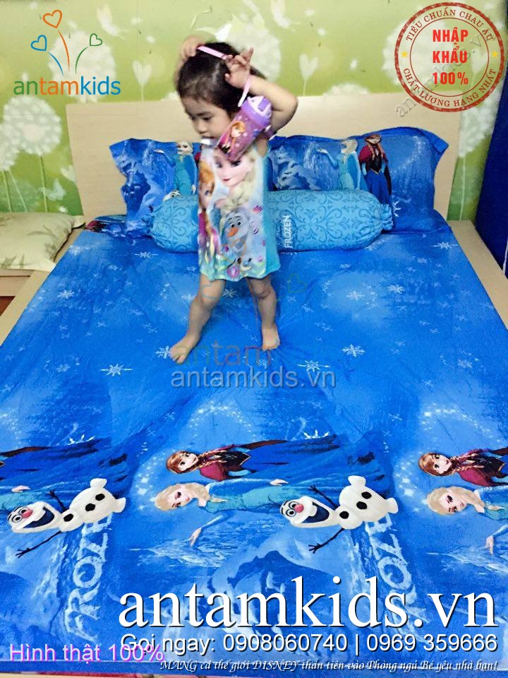 Bộ chăn ga gối cho bé gái hình Công chúa Frozen Elsa Anna màu xanh