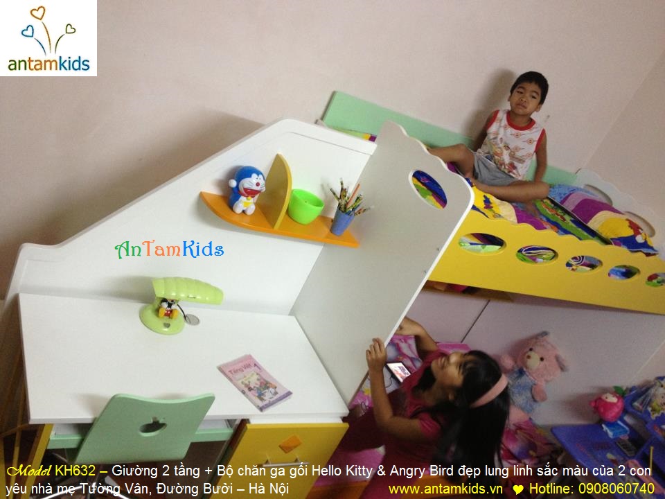 Bộ giường 2 tầng đa năng KH638 và bộ chăn ga gối đệm hoạt hình Hello Kitty & Angry Bird xinh yêu lung linh sắc màu - Chị Tường Vân mới mua nhà AnTamKids dành tặng 2 con yêu: bé Nhím & bé Mít đấy ạ!