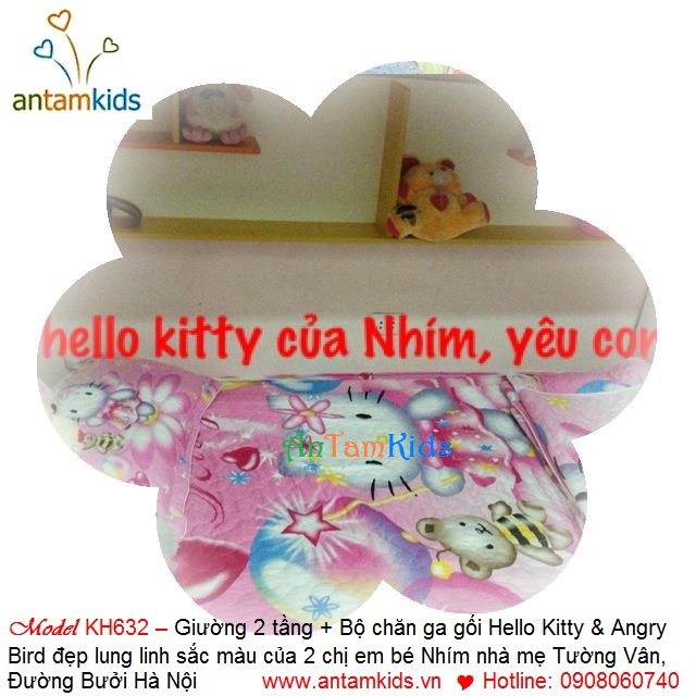 Bộ giường 2 tầng đa năng KH638 và bộ chăn ga gối đệm hoạt hình Hello Kitty & Angry Bird xinh yêu lung linh sắc màu - Chị Tường Vân mới mua nhà AnTamKids dành tặng 2 con yêu: bé Nhím & bé Mít đấy ạ!