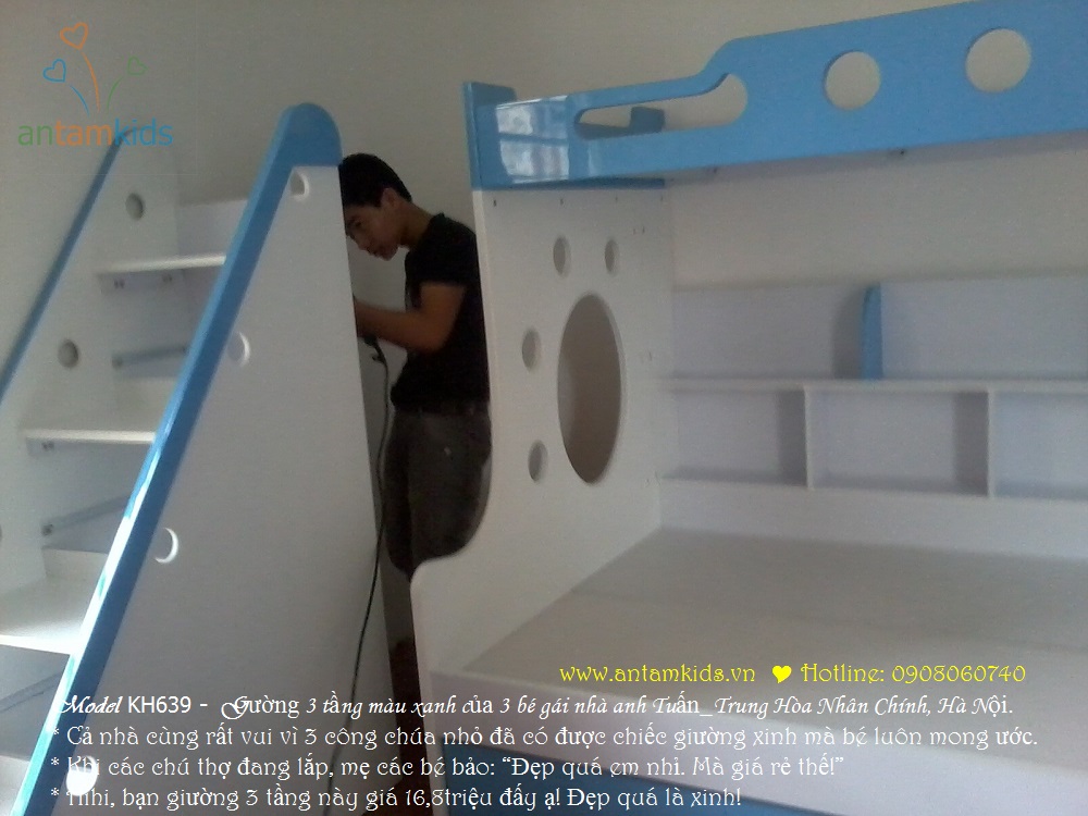 Gường 3 tầng KH639 màu xanh biển siêu đẹp của 3 bé gái nhà anh Tuấn, Hà Nội