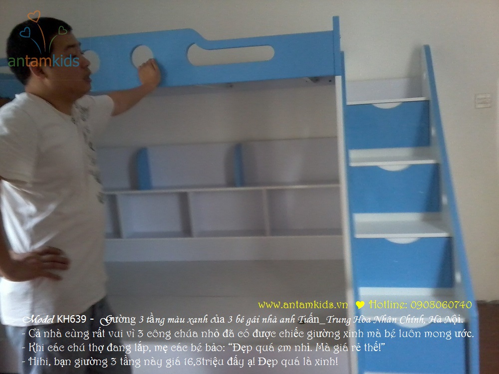 Gường 3 tầng KH639 màu xanh biển siêu đẹp của 3 bé gái nhà anh Tuấn, Hà Nội