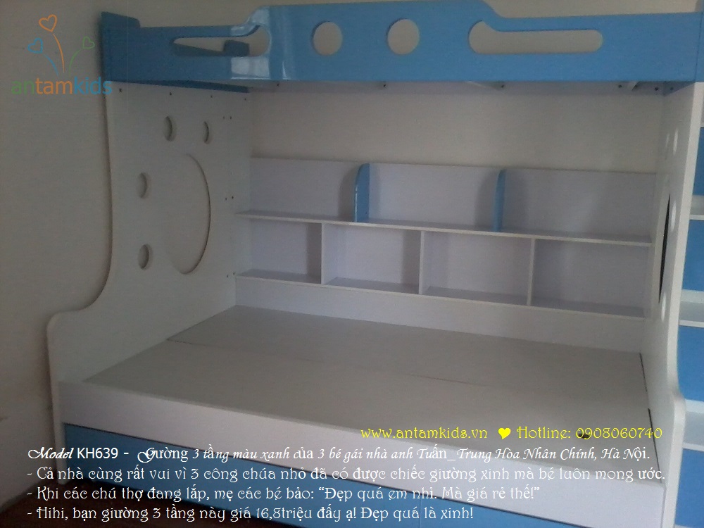 Gường 3 tầng KH639 màu xanh biển siêu đẹp của 3 bé gái nhà anh Tuấn, Hà Nội