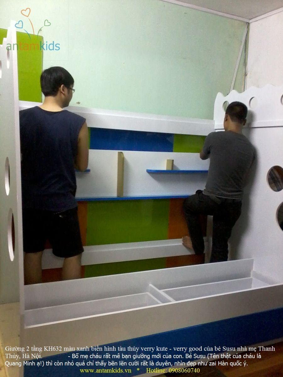 Giường 2 tầng KH632 màu xanh biển hình tàu thủy verry kute - verry good của bé Susu nhà mẹ Thanh Thủy, Hà Nội