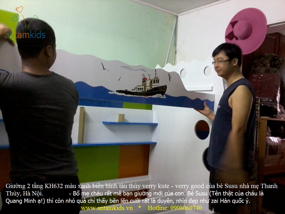 Giường 2 tầng KH632 màu xanh biển hình tàu thủy verry kute - verry good của bé Susu nhà mẹ Thanh Thủy, Hà Nội
