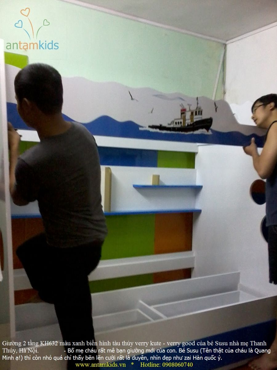 Giường 2 tầng KH632 màu xanh biển hình tàu thủy verry kute - verry good của bé Susu nhà mẹ Thanh Thủy, Hà Nội