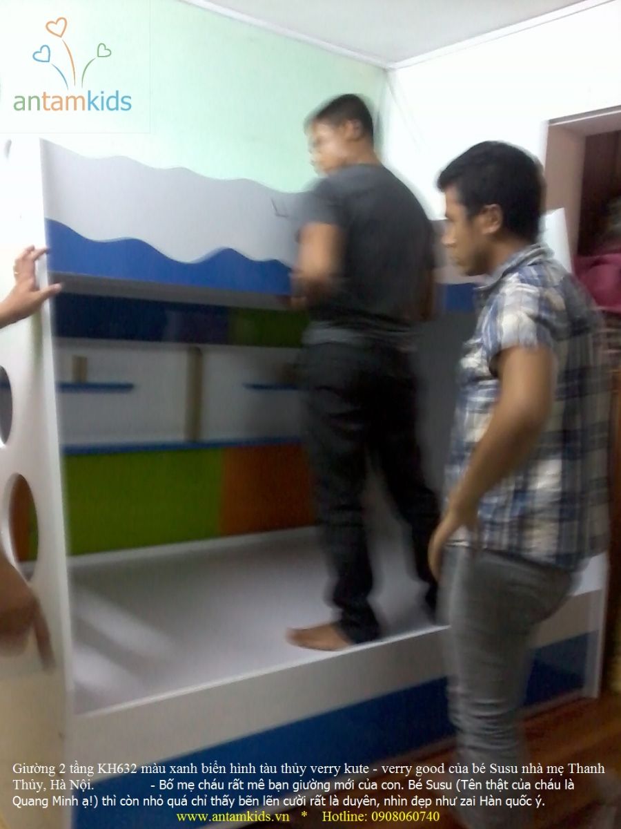 Giường 2 tầng KH632 màu xanh biển hình tàu thủy verry kute - verry good của bé Susu nhà mẹ Thanh Thủy, Hà Nội