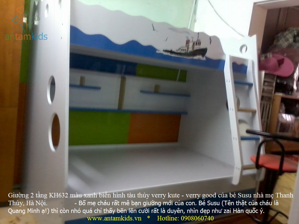 Giường 2 tầng KH632 màu xanh biển hình tàu thủy verry kute - verry good của bé Susu nhà mẹ Thanh Thủy, Hà Nội