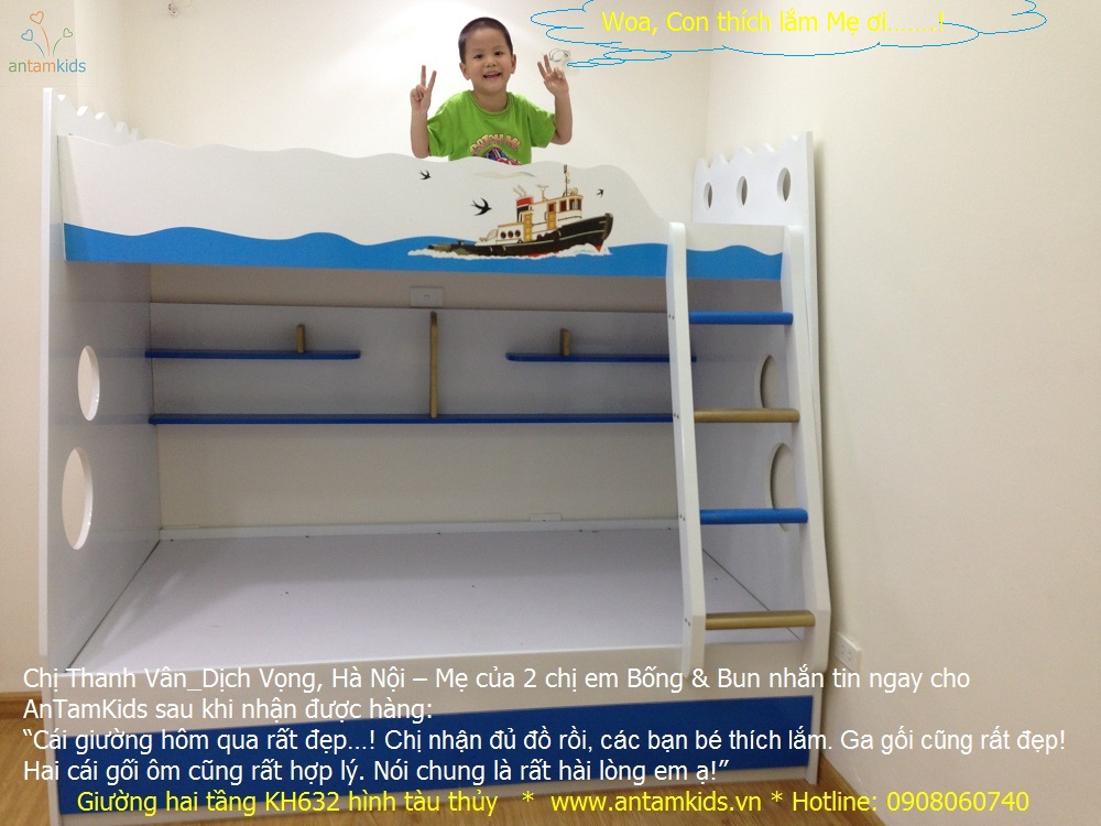 Giường tầng trẻ em KH632 màu xanh biển hình tàu thủy ra khơi của chị Bống & em Bun nhìn đáng yêu ko nào các bạn?!