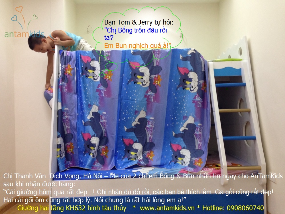 Giường tầng trẻ em KH632 màu xanh biển hình tàu thủy ra khơi của chị Bống & em Bun nhìn đáng yêu ko nào các bạn?!