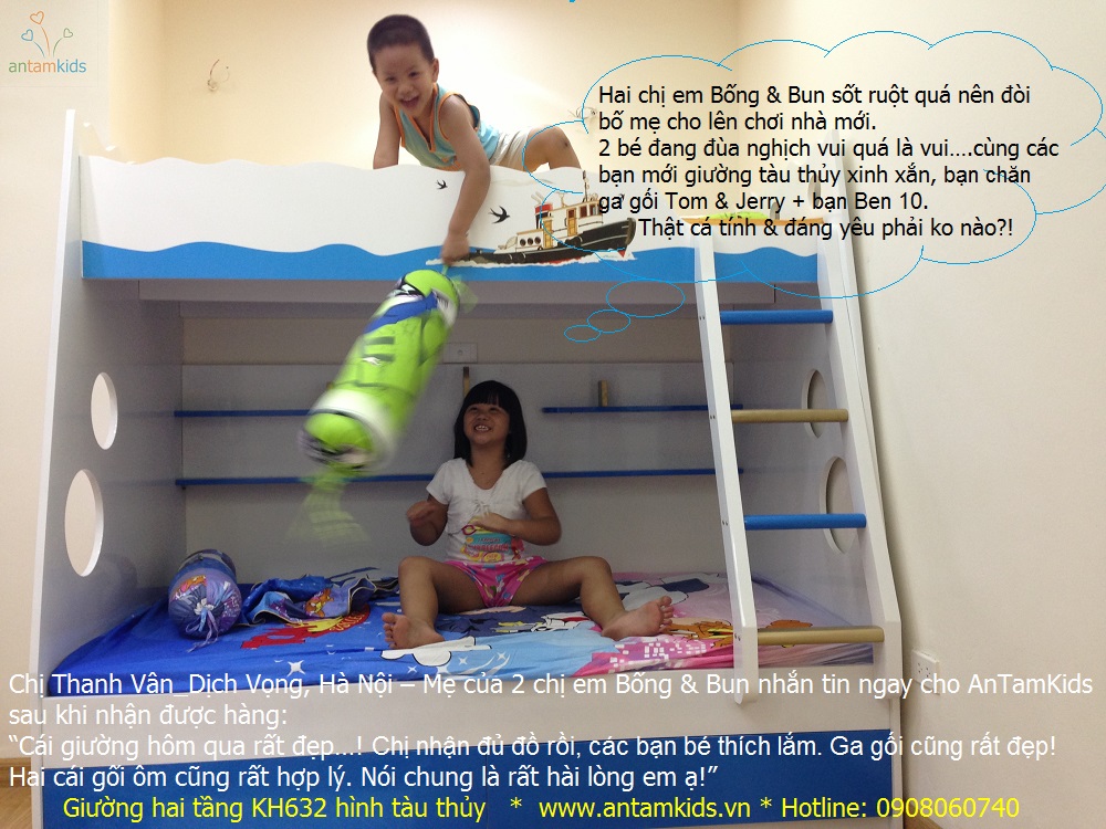 Giường tầng trẻ em KH632 màu xanh biển hình tàu thủy ra khơi của chị Bống & em Bun nhìn đáng yêu ko nào các bạn?!