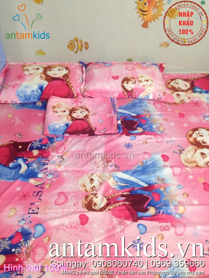 Bộ chăn ga gối Nữ hoàng Băng giá Frozen Anna Elsa sắc hồng mộng mơ