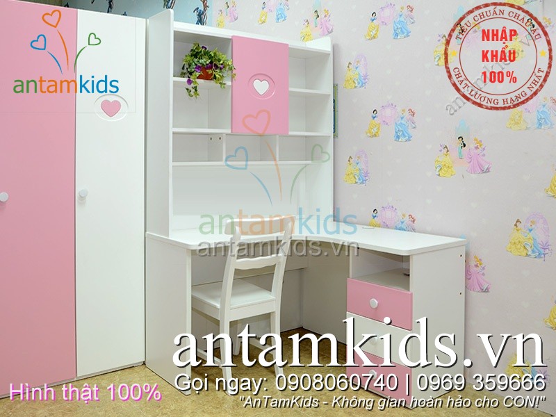 Bàn học góc giá sách cao cấp nhập khẩu cho bé gái cho tre em antamkidsvn