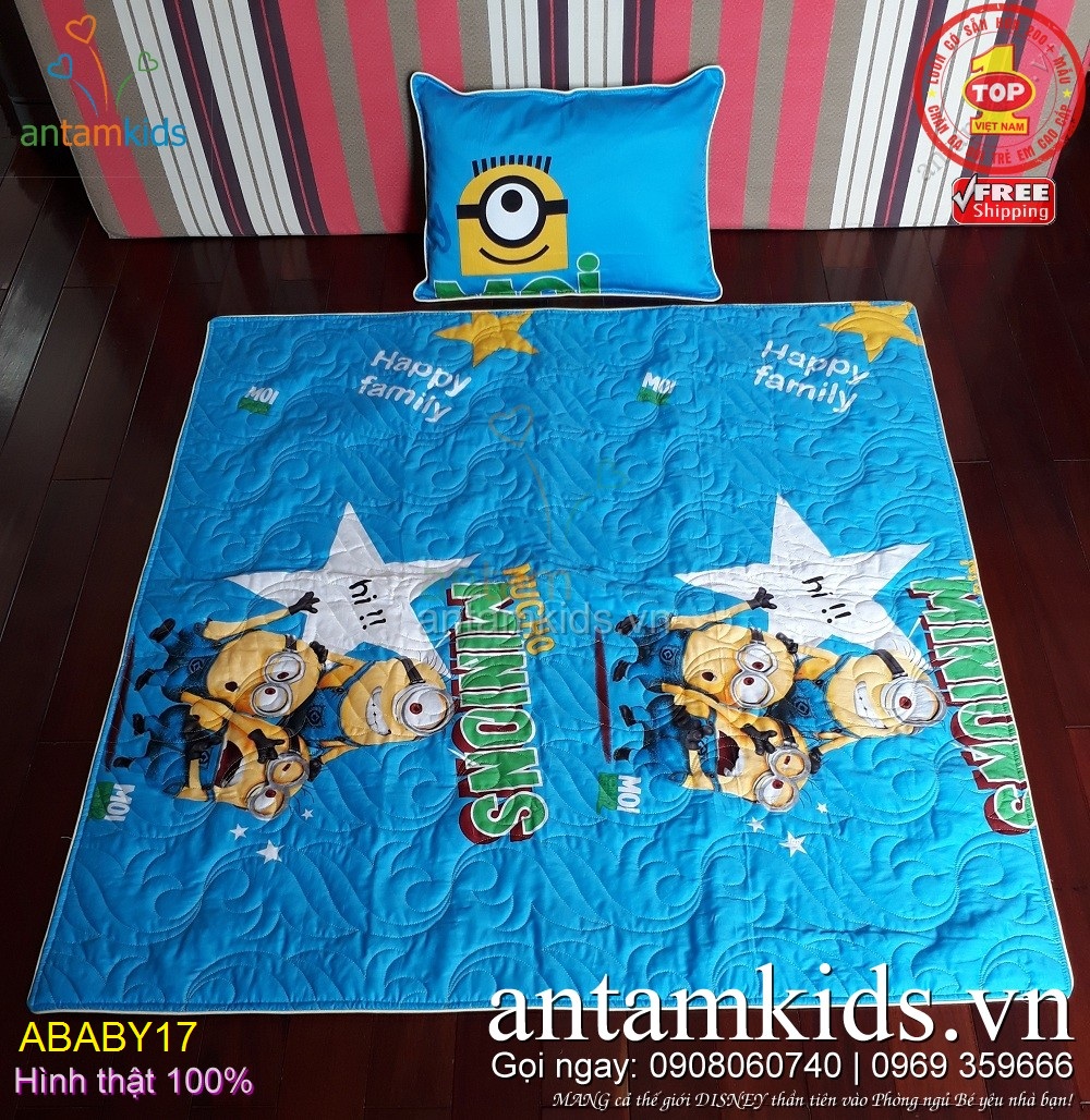 Bộ Chăn gối cho bé yêu đi học hình Minion Happy Family xanh dương - siêu dễ thương ABABY17