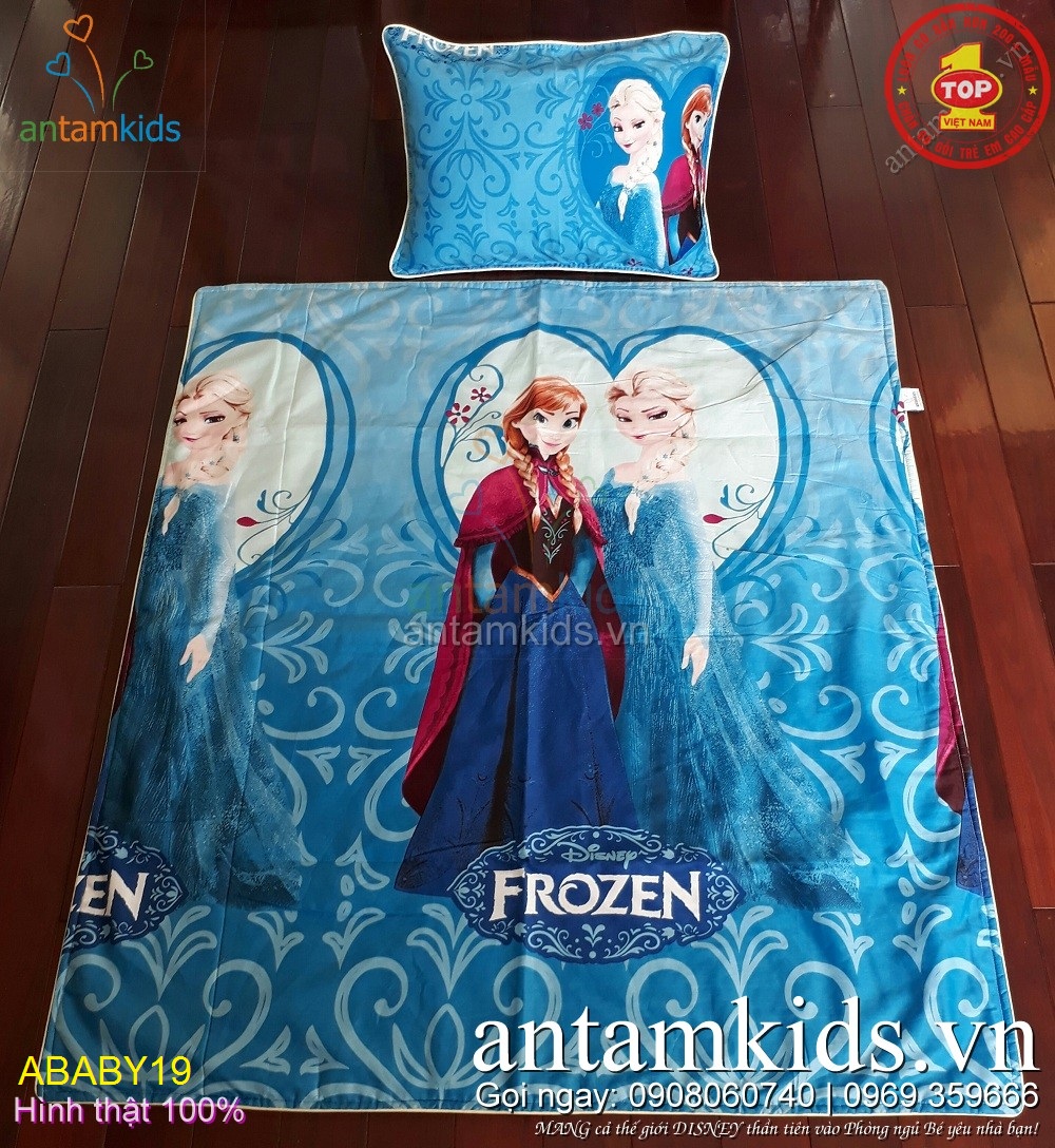 Bộ Chăn gối cho bé gái đi học hình Công chúa Elsa Anna Frozen xanh dương - cực dễ thương ABABY19