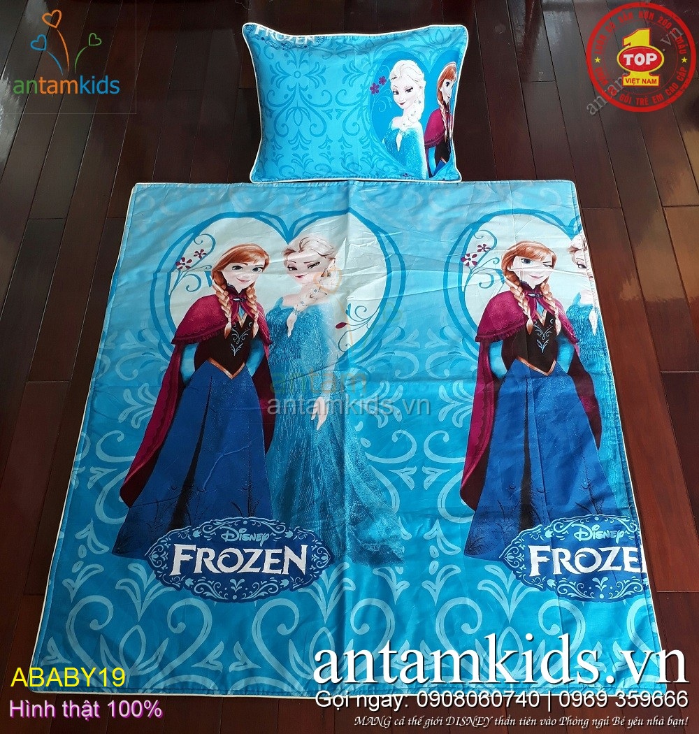Bộ Chăn gối cho bé gái đi học hình Công chúa Elsa Anna Frozen xanh dương - cực dễ thương