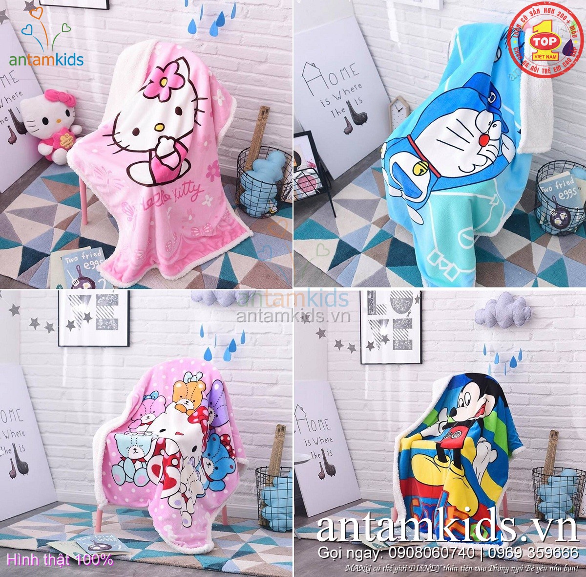 Chăn cho bé, chăn trẻ em Lông Cừu Tuyết nhập khẩu Hello Kitty-Doremon, Mickey