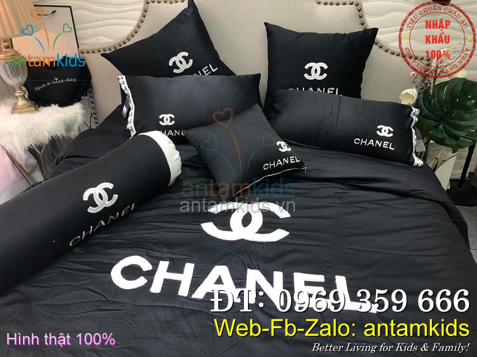 Chăn ga gối Chanel logo hàng hiệu cao cấp, chăn ga gối thương hiệu hàng hiệu