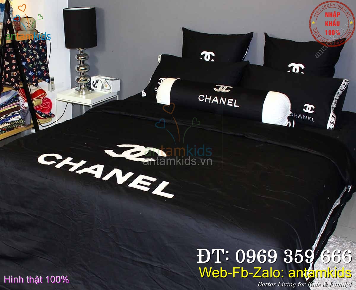 Chăn ga gối Chanel logo hàng hiệu cao cấp, chăn ga gối thương hiệu hàng hiệu
