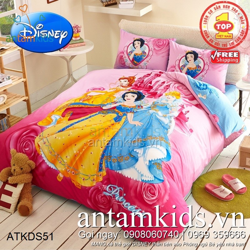 Bộ Chăn ga gối 3 nàng Công chúa Disney Princess hoa hồng bên lâu đài