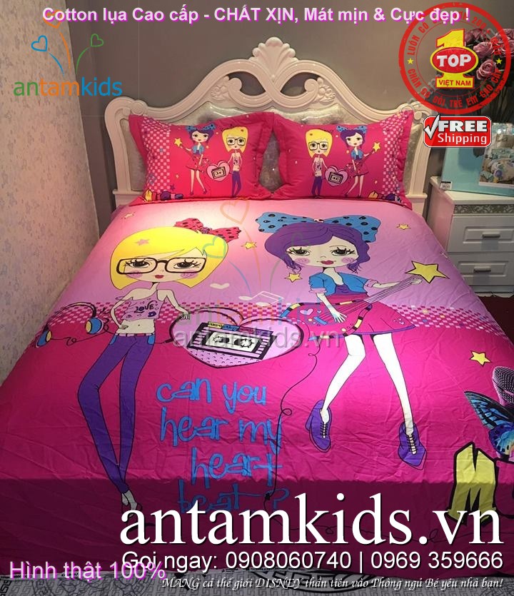 Bộ Drap mền chăn ga gối cho bé gái tuổi teen sắc hồng cực xinh
