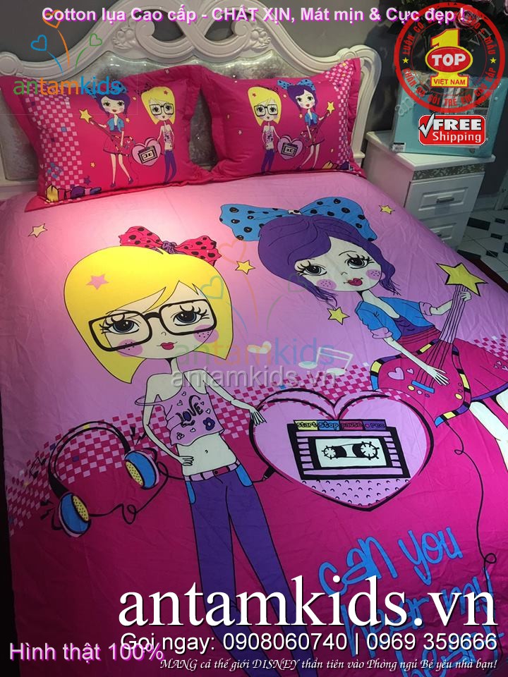 Bộ Drap mền chăn ga gối cho bé gái tuổi teen sắc hồng cực xinh
