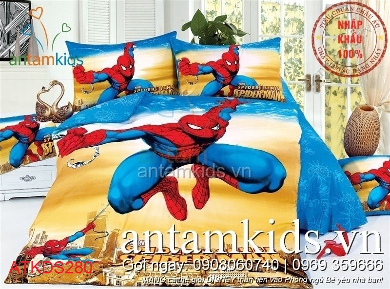 Bộ chăn ga gối đệm hình siêu nhân Người nhện SpiderMan cho bé trai